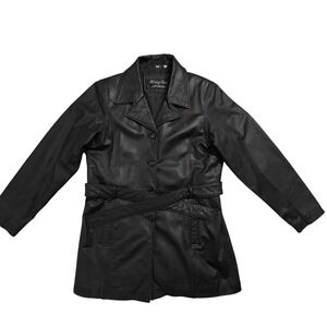 Henig Furs Genuine Leather Belted Trench Coat Womens Size Medium‎ Black